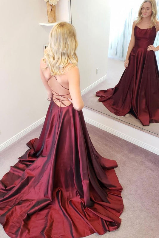 Simple burgundy satin long prom dress burgundy formal dress,DS1996