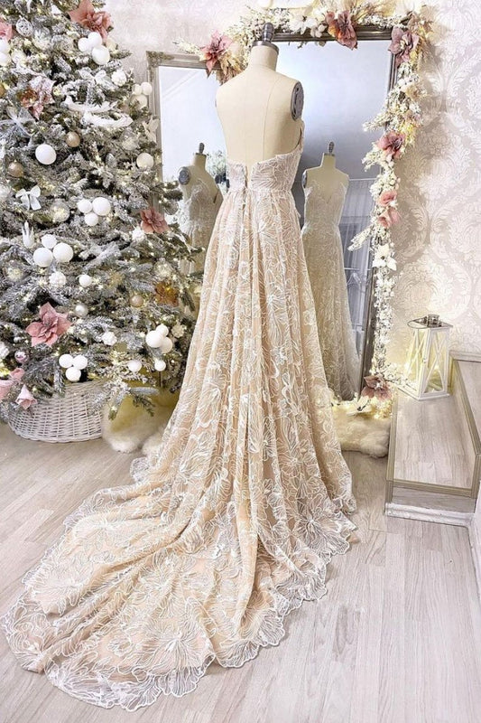 Champagne v neck lace long prom dress champagne evening dress,DS2070