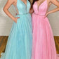 PINK V NECK TULLE LONG PROM DRESS, PINK TULLE FORMAL DRESS,F04745