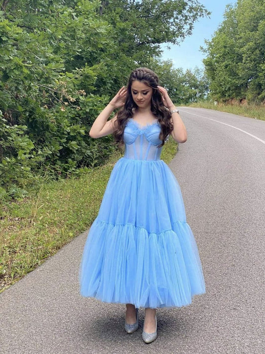 Blue sweetheart neck tulle tea length prom dress, blue homecoming dress,DS1965