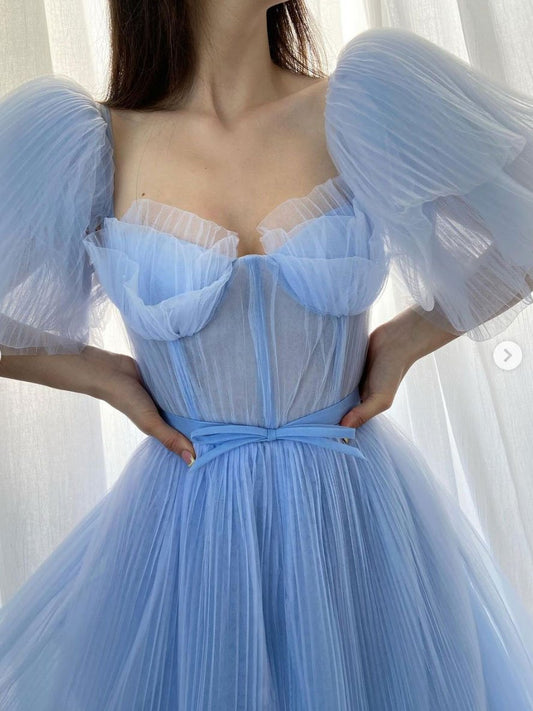 Blue A-line tulle long prom dress, blue tulle formal dress,DS4405