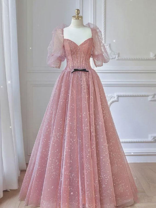 Pink A-line tulle lace long prom dress, pink lace formal dress,DS1952