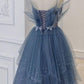 blue tulle sequin long prom dress,DS4365