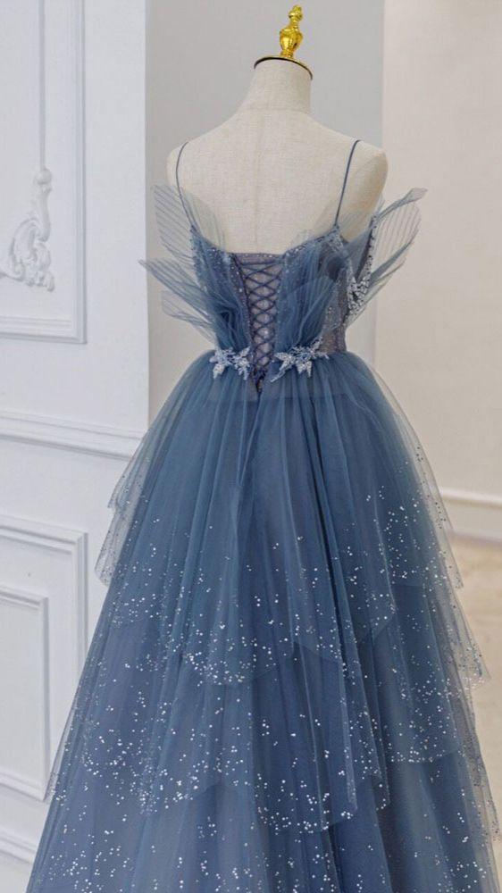 blue tulle sequin long prom dress,DS4365