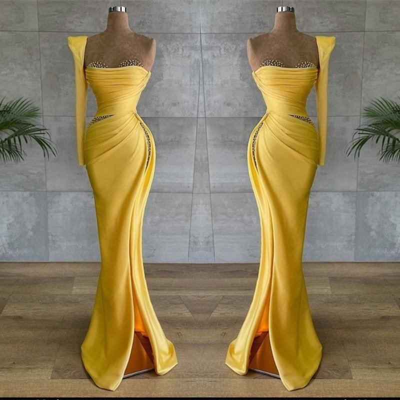 Gorgeous Yellow Sweetheart Mermaid Prom Dress Split With Beads,F04848