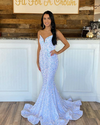 Sparkly Mermaid V Neck White Sequins Long Prom Dresses,DS5112