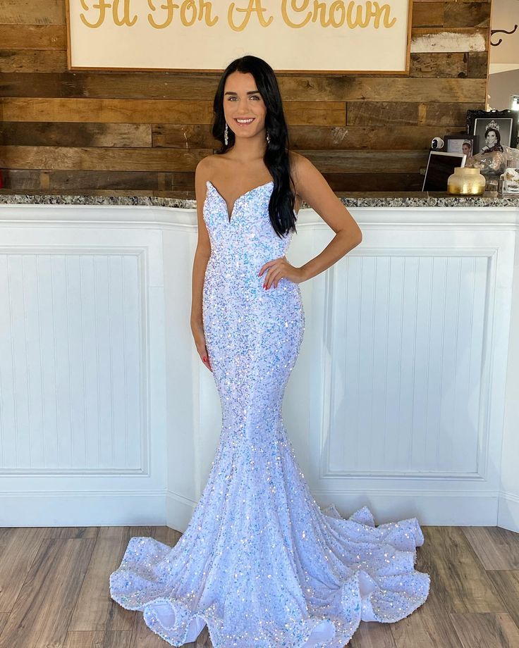 Sparkly Mermaid V Neck White Sequins Long Prom Dresses,DS5112