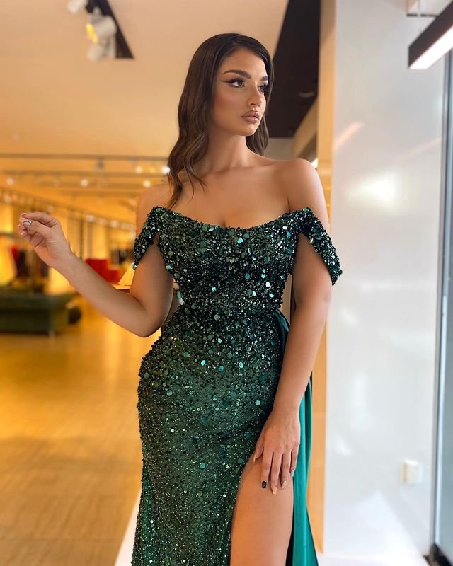 Stunning Dark Green Off-the-Shoulder Sequins Prom Dress Split Long,DS3234