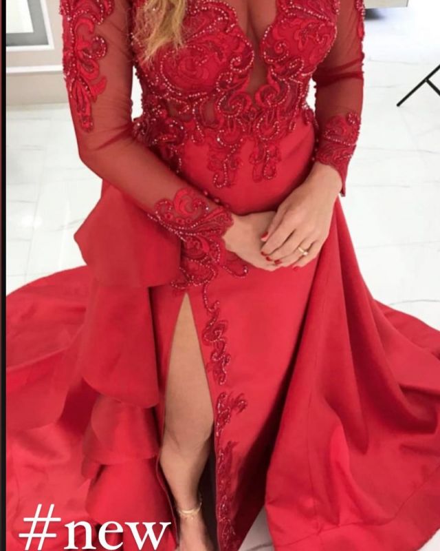 Elegant Red Long Sleeve Lace Appliques Evening Dress Side Slit Party Dress,DS4026