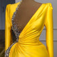 Superbe robe de bal jaune à manches longues et paillettes, DS4686