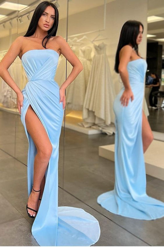 strapless sky-blue prom gown with ruched bodiceProm Dresses Most Beautiful Wedding Dresses Boho Wedding,DS5124