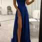 Blue Spaghetti Strap Prom Dress with Side Slit, Sexy Long Senior Prom Dresses,DS4097