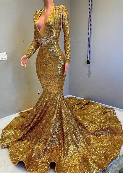 Gorgeous Gold Sequins Long Sleeves Prom Dress Mermaid Deep V-Neck,DS4647