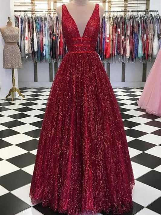 Shiny A Line V Neck Burgundy Prom Dresses, Burgundy V Neck Formal Graduation Evening Dresses,DS1798