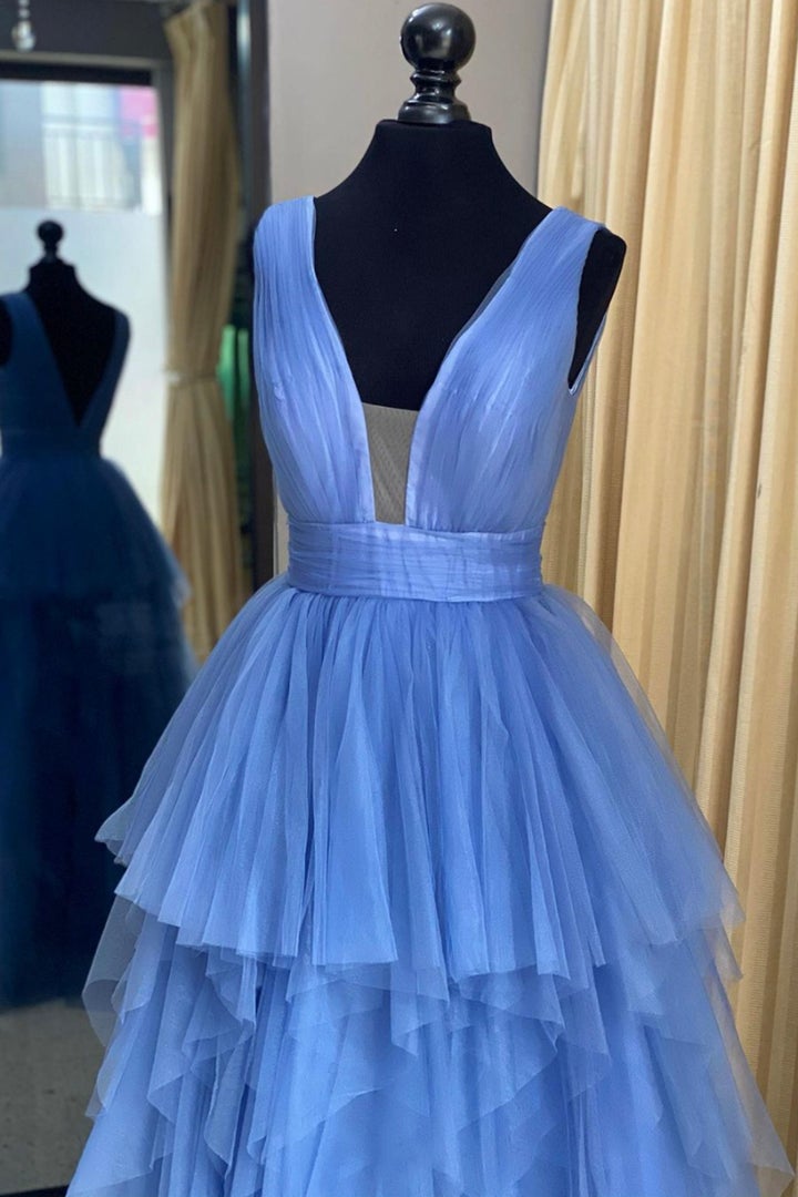 Blue tulle long prom dress A line evening dress,DS3887