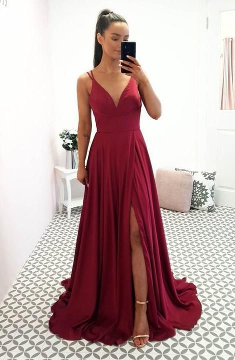 A-line V Neck Long Prom Dress, Straps Prom Dress With Split,DS4098