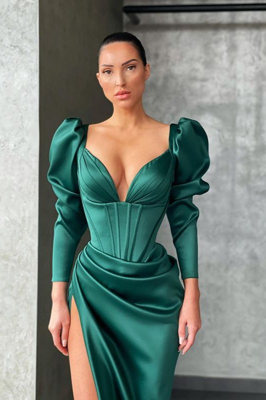 Elegant Long Sleevess V-Neck Mermaid Prom Dress With Slit,DS3250