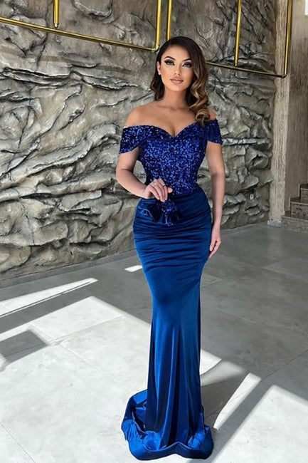 Classy Blue Sequins Sweetheart Off-the-shoulder Floor-length Column Prom Dresses,F04791