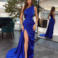 Simple Black Long One Shoulder Slit Mermaid Prom Dresses,F04797