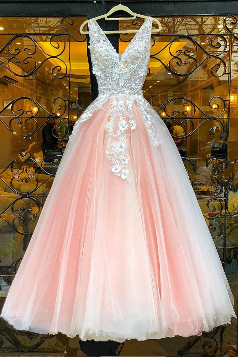 PINK V NECK LACE TULLE LONG PROM DRESS PINK LACE EVENING DRESS,DS4468