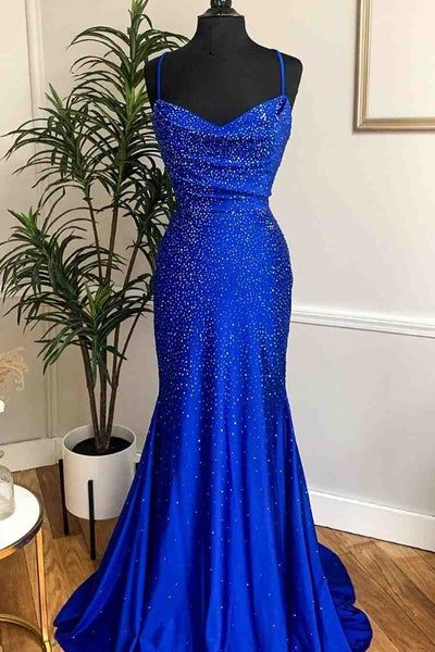 Royal Blue Beaded Cowl Neck Mermaid Long Prom Dress,DS4699