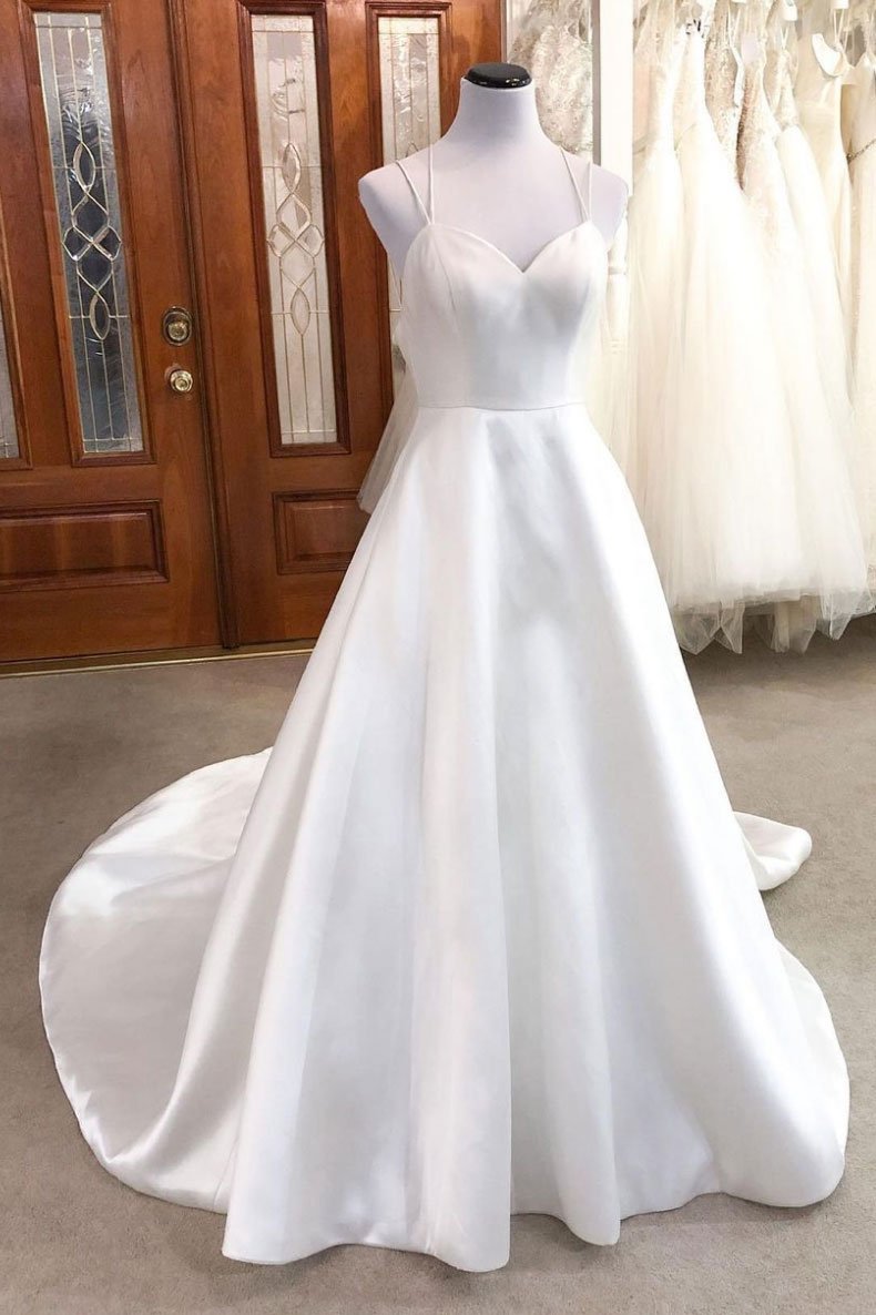 Simple white v neck satin long wedding dress white bridal dress,DS2101