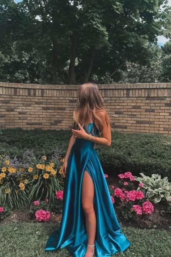 Simple Long Prom Dress with Slit Blue Formal Dress Evening Dress, DS3971