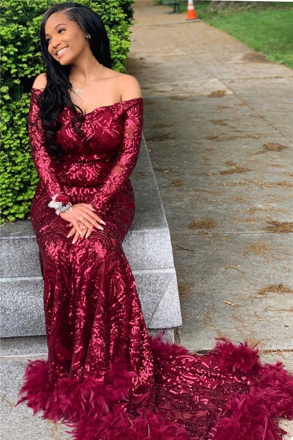 Gorgeous Burgundy Long Sleeves Sequins Prom Dress Mermaid Party Gowns With Feather,DS4671