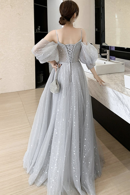 Grey tulle lace long prom dress,DS3031