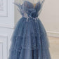 blue tulle sequin long prom dress,DS4365