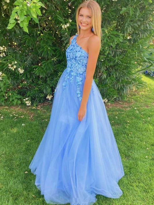 Blue one shoulder sequin tulle long prom dress blue evening dress,DS2000