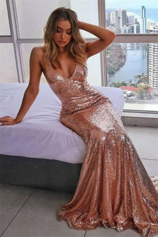 Pink Halter Backless Sheath Long Sequence Prom Dresses,DS4320