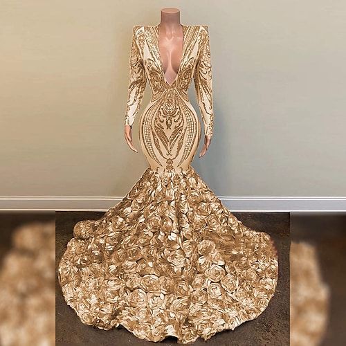 Mermaid / Trumpet Sparkle Sexy Engagement Formal Evening Dress V Neck Long Sleeve Chapel Train Sequined with Sequin 2022,DS14003