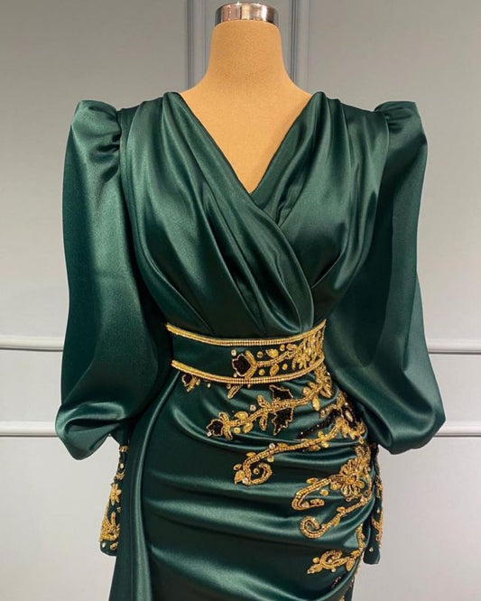 Dark Green Evening Dresses Long Prom Dresses with Sleeves,DS3729