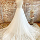 White v neck tulle lace long prom dress, white tulle wedding dress ,DS4011