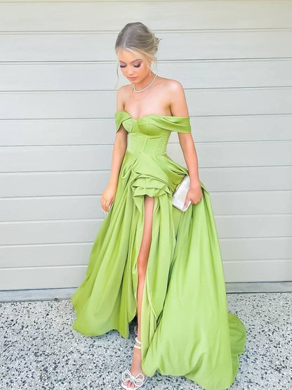 SIMPLE GREEN OFF SHOULDER SATIN LONG PROM DRESS, GREEN EVENING DRESS,DS3393