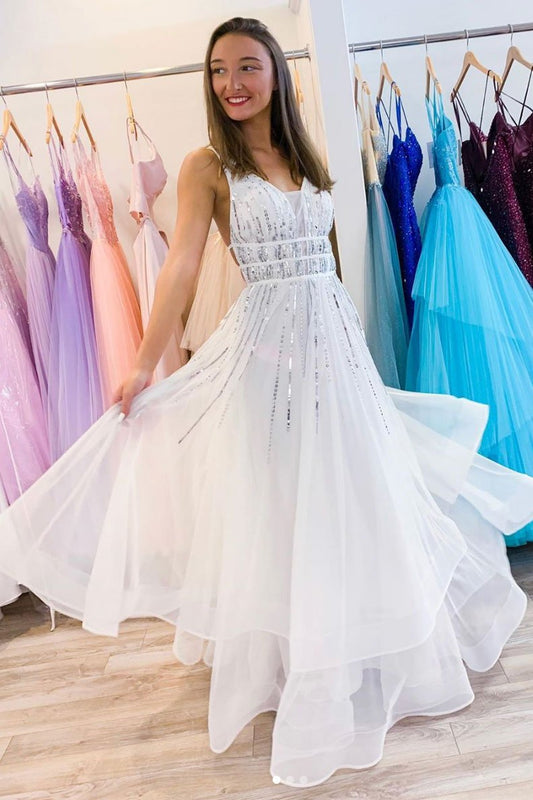 White v neck tulle sequin long prom dress white evening dress,DS2359