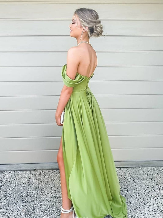 SIMPLE GREEN OFF SHOULDER SATIN LONG PROM DRESS, GREEN EVENING DRESS,DS3393