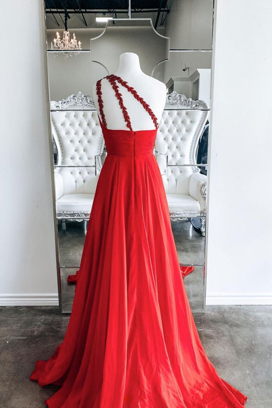 Red one shoulder long prom dress red evening dress,DS2095