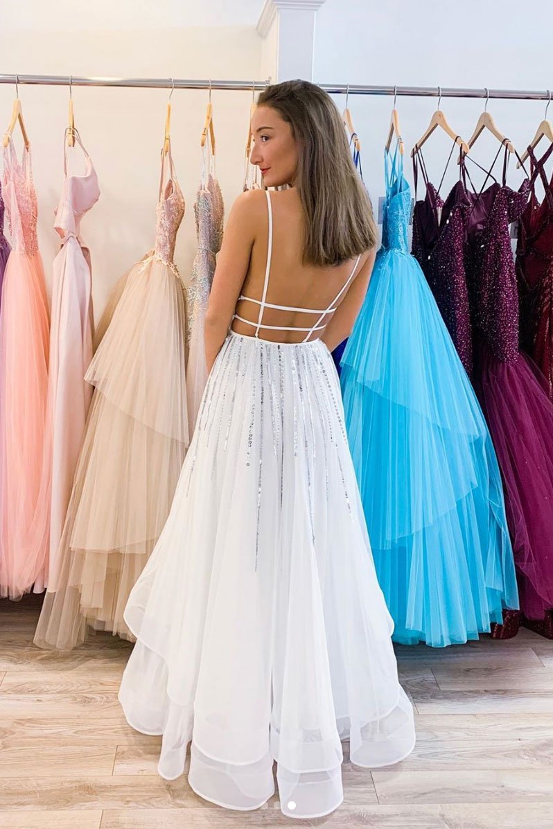 White v neck tulle sequin long prom dress white evening dress,DS2359