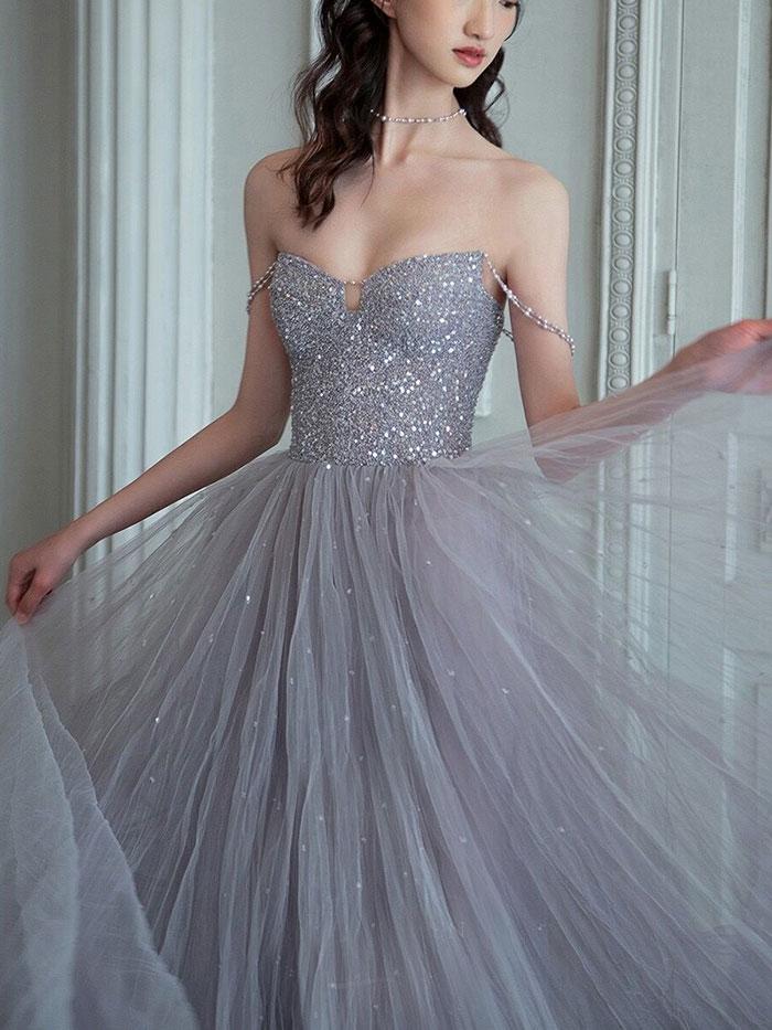 Unique sweetheart sequin tulle long prom dress tulle evening dress,DS2001