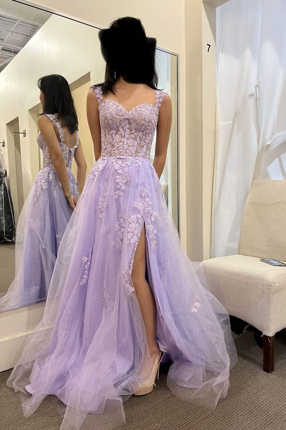 Elegant Appliques Lace A-Line Tulle Floor-length Prom Dress With Side Slit,DS5024