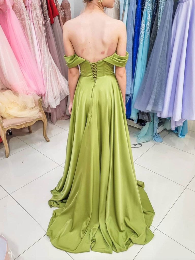 SIMPLE GREEN OFF SHOULDER SATIN LONG PROM DRESS, GREEN EVENING DRESS,DS3393