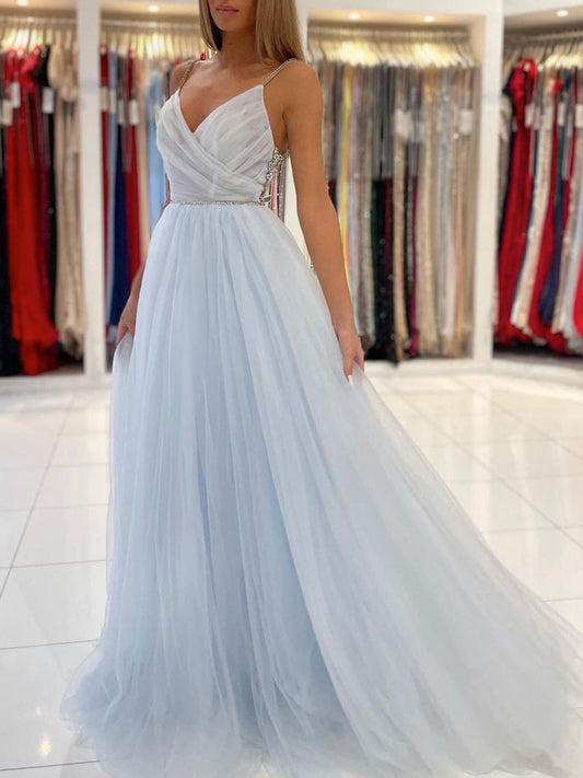 LIGHT BLUE TULLE LONG PROM DRESS, BLUE TULLE FORMAL DRESS,F04753