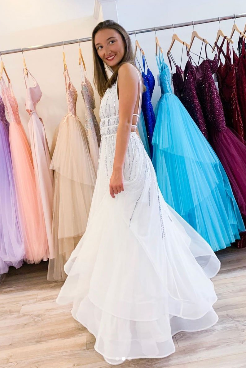 White v neck tulle sequin long prom dress white evening dress,DS2359