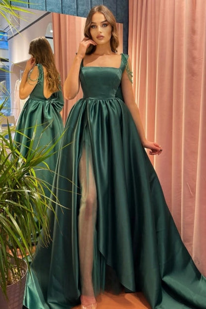 Modest Green A-Line Square Neckline Straps Prom Dresses with Slit,F04793