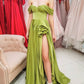SIMPLE GREEN OFF SHOULDER SATIN LONG PROM DRESS, GREEN EVENING DRESS,DS3393