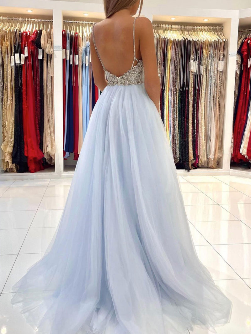 LIGHT BLUE TULLE LONG PROM DRESS, BLUE TULLE FORMAL DRESS,F04753