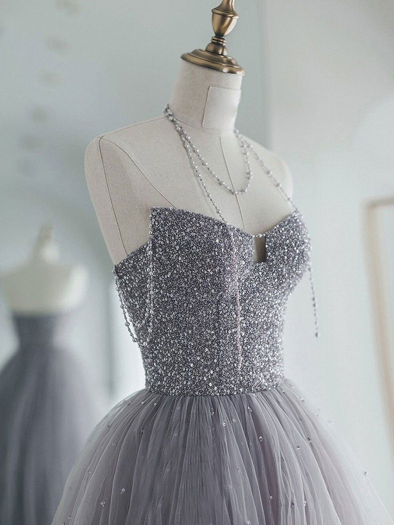 Unique sweetheart sequin tulle long prom dress tulle evening dress,DS2001