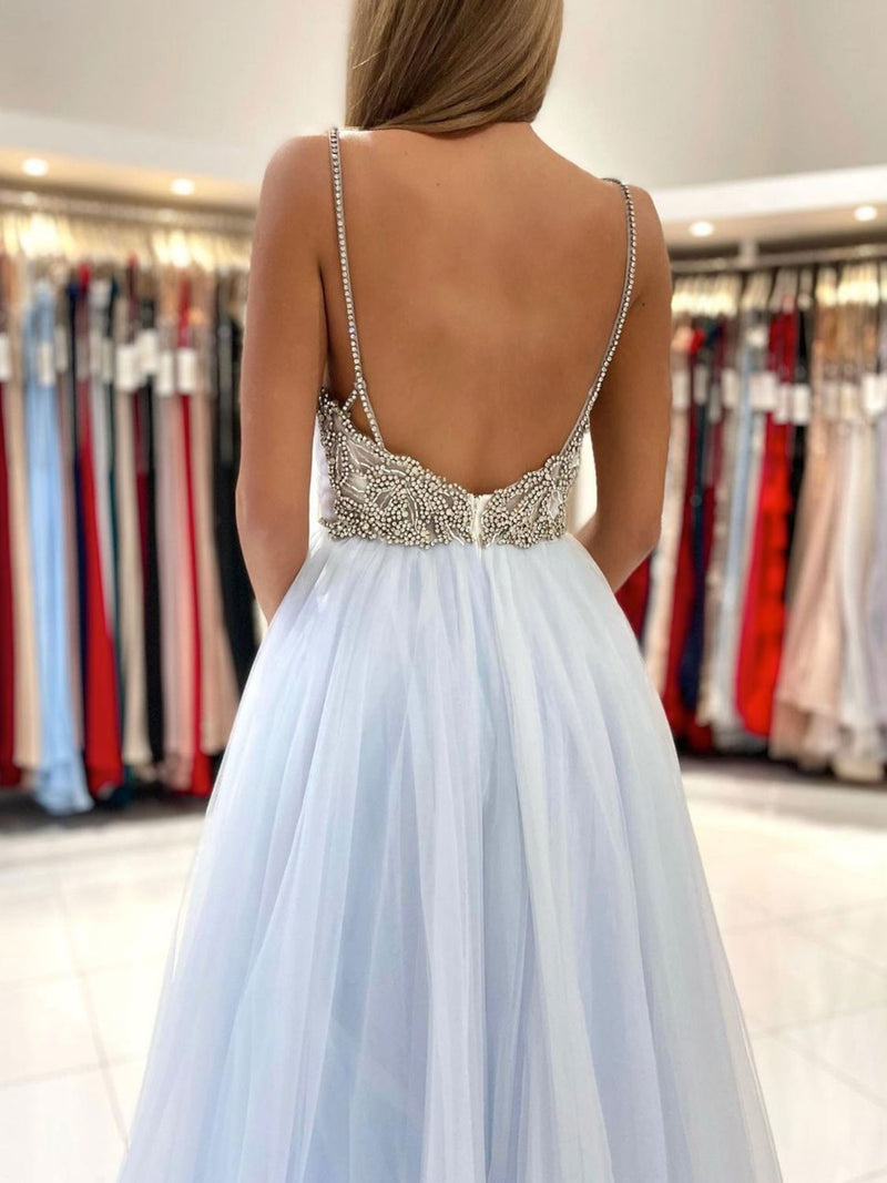 LIGHT BLUE TULLE LONG PROM DRESS, BLUE TULLE FORMAL DRESS,F04753